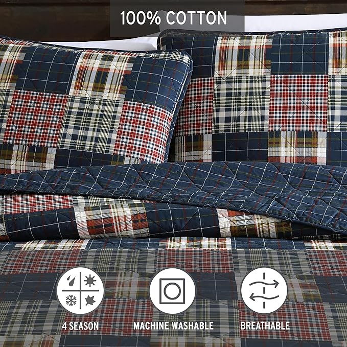 Eddie Bauer - Twin Quilt Set, Cotton Reversible Bedding with Matching Sham, Luxurious Bedding Set (Madrona Navy/Red, Twin)