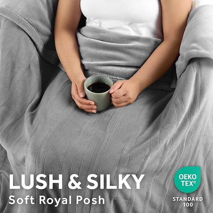 Sunbeam Royal Posh Dove Grey Heated Personal Throw / Blanket, Cozy-Warm, Adjustable Heat Settings