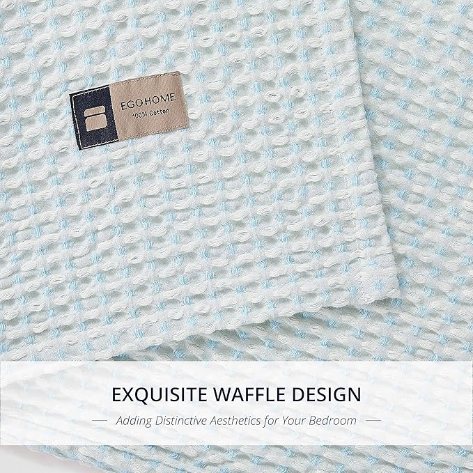 EGOHOME 100% Cotton Waffle Blanket Twin Size for Bed-Breathable and Lightweight,Soft Dual-Tone Textured Jacquard Waffle Weave Blankets for All-Seasons,Angel Falls Blue,60 x 80 Inches