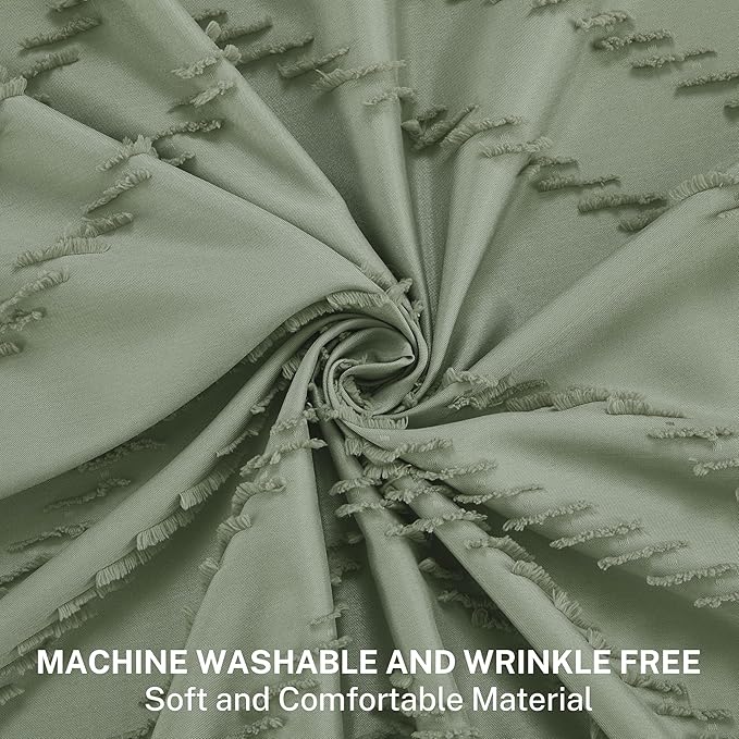 Boho Extra Long Sage Green Shower Curtain with Tassel, Woven Fabric, Tufted Chevron Striped, 72 x 78, Modern Chic Textured Minimalist