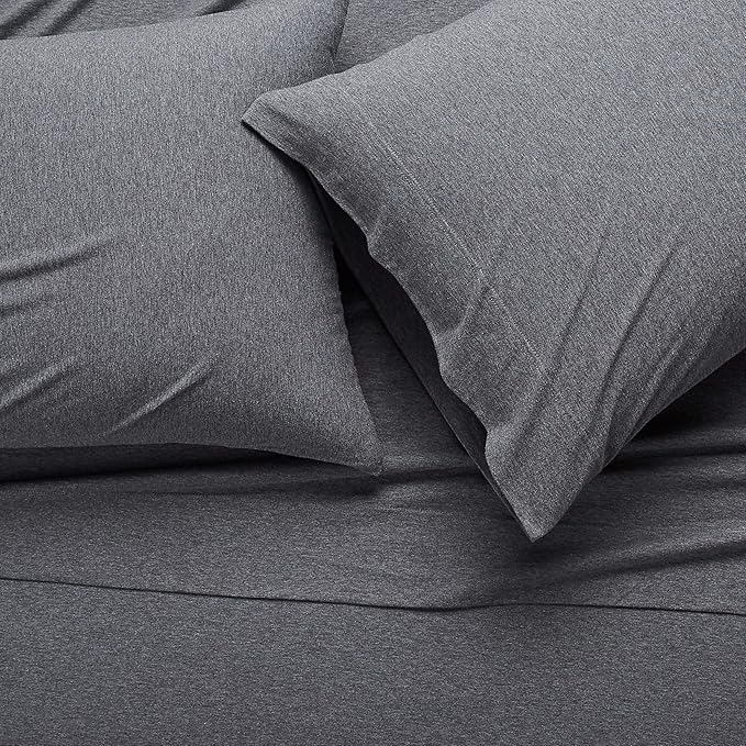 Amazon Basics 4 Piece Bed Sheet Set, 100% Cotton Jersey, Includes Super Soft, Flat and Fitted Sheets, Pillowcase, Queen, Dark Gray, Solid