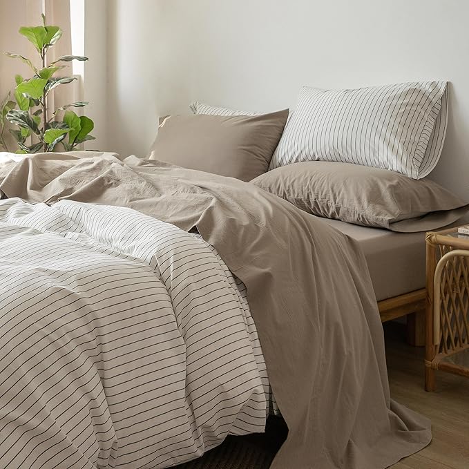 MooMee Bedding Sheet Set 100% Washed Cotton Linen Like Textured Breathable Durable Soft Comfy (Solid Mocha Brown, Split King)
