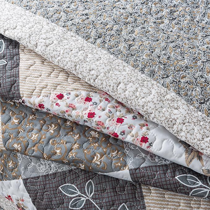 HoneiLife Queen Size Quilt Set - 3 Pieces - Grey Border Microfiber Bedding Set - Lightweight, Reversible Coverlets, Floral Bedding - All Season Quilts