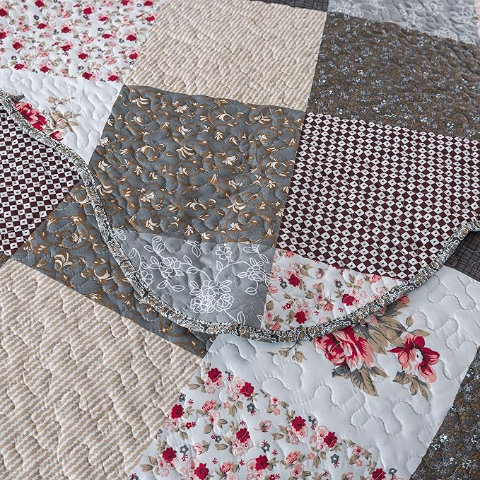 HoneiLife Queen Size Quilt Set - 3 Pieces - Grey Border Microfiber Bedding Set - Lightweight, Reversible Coverlets, Floral Bedding - All Season Quilts