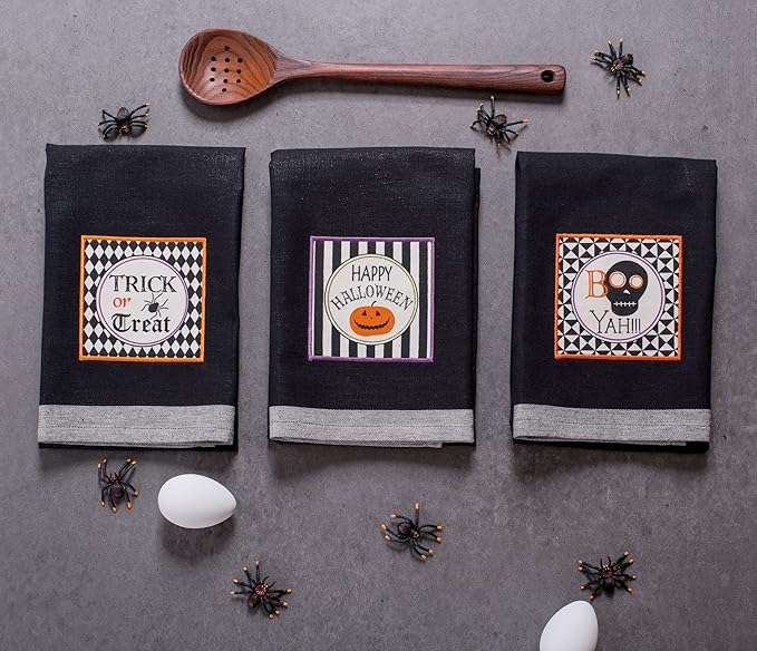 DII Happy Halloween Dishtowel Collection Embellished Cotton Kitchen Hand Towel Set, 18x28, Black All Hallows Eve, 3 Count