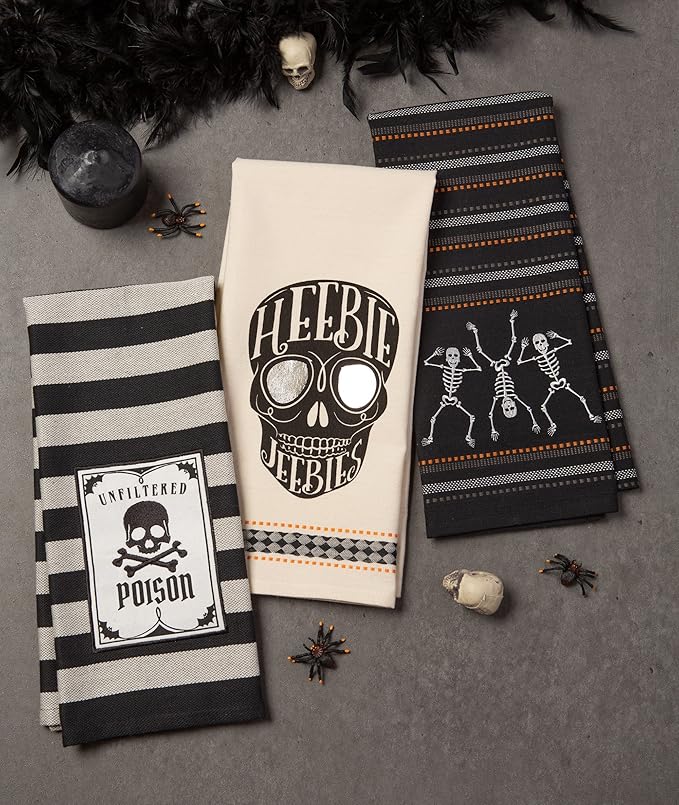 DII Happy Halloween Dishtowel Collection Embellished Cotton Kitchen Hand Towel Set, 18x28, Skeleton, 3 Count