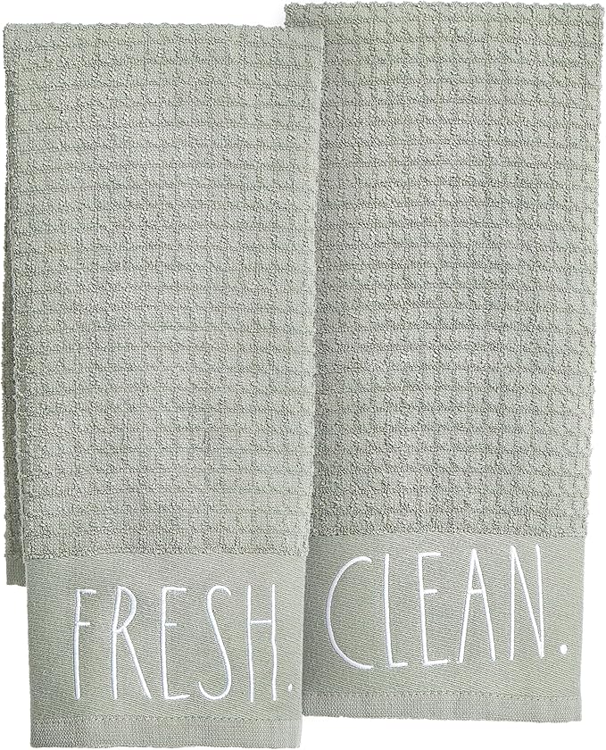 Rae Dunn Hand Towels, Embroidered Decorative Hand Towel for Kitchen and Bathroom, 100% Cotton, Sage- Fresh/Clean, 16"x 26"