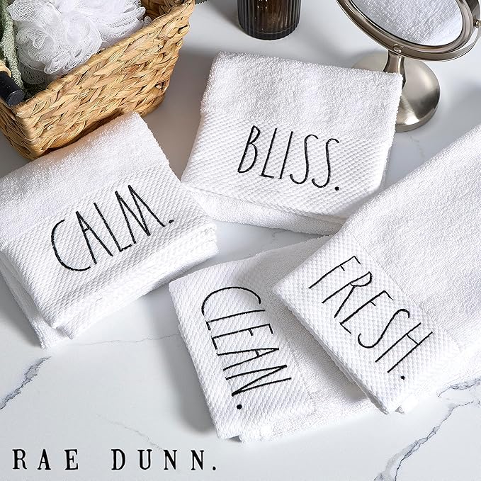 Rae Dunn Hand Towels, Embroidered Decorative Hand Towel for Kitchen and Bathroom, 100% Cotton, White- Fresh/Clean/Calm/Bliss, 16"x 28"