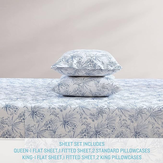 Tommy Bahama - Queen Size Sheets Set, Crisp & Tailored Cooling Sheets with a Smooth Cotton Percale Lightweight Feel - Bed Sheets with Matching Pillowcases & Fitted Sheet (Pen and Ink Palm Blue)