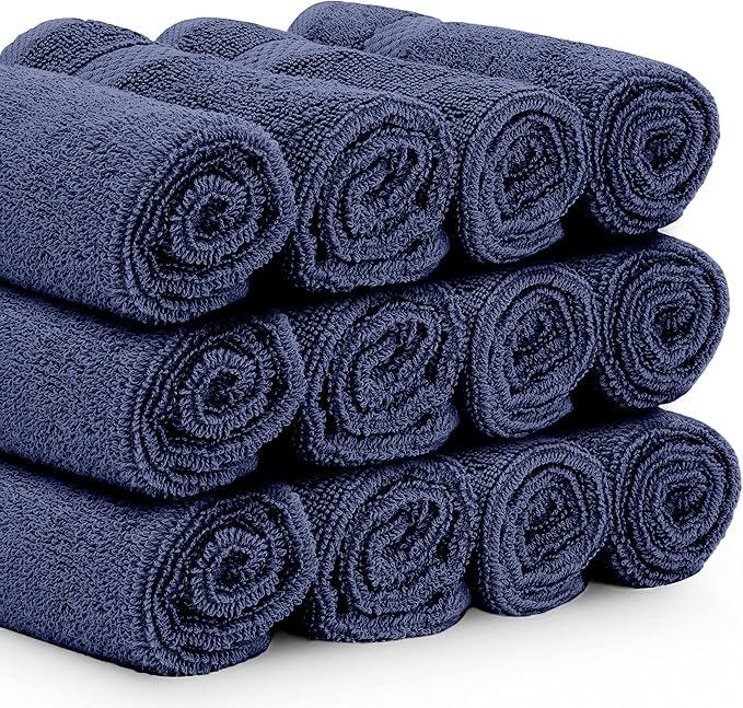 White Classic Luxury Cotton Washcloths 13x13 Inch - 650 GSM Turkish Cotton | Hotel, Spa, Bathroom Face Towel | 12 Pack, Navy Blue