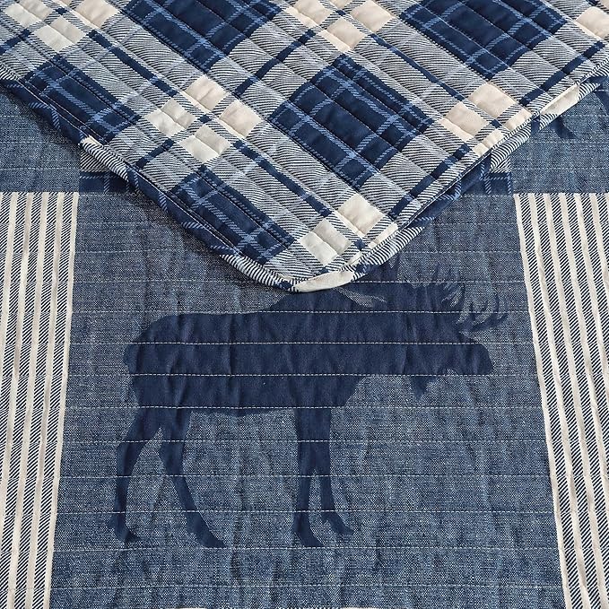 Eddie Bauer - Queen Quilt Set, Naturally Soft Cotton Bedding w/a Lightweight Feel for All-Year Comfort, Reversible w/Matching Pillowcases, 3 Piece Bed Set (Moose Plaid/Pinstripe/Patchwork Blue)