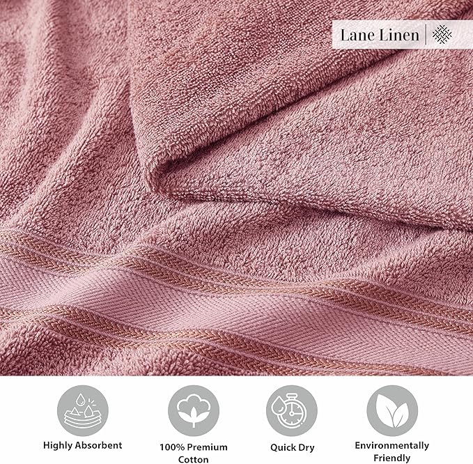 LANE LINEN Bathroom Towels Set of 12 – Zero Twist, 100% Cotton, 4 Bath, 4 Handtowel & 4 Washcloths, Luxury Hotel Design, Perfect for Salon & Guests, Machine Washable – Wishful Mauve