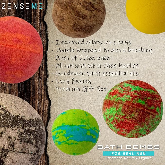 Bath Bombs for Men, Gift Set of 8 Scented Organic Handmade Bath Bombs of 2.5 oz with Natural Essential Oils for Boyfriend, Husband, Father or Friend, by ZenseMe