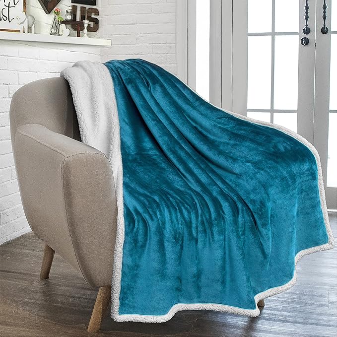 PAVILIA Sherpa Fleece Throw Blanket for Couch, Twin Size, Teal Blue, Plush Soft Fuzzy Sofa Blanket, Cozy Reversible Winter Throw for Women Men, 60x80 Inches