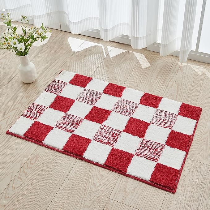 CozeCube Bath mats for Bathroom Non Slip, Fluffy Absorbent Microfiber Bath mat Washable, Aesthetic Bathroom Rugs, Cute Christmas Red Checkered Bath mat, Christmas Red, 32" x 20"