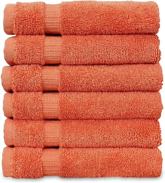 Luxury Hotel & Spa Towel Turkish Cotton Washcloths - Coral - Dobby Border - Set of 6
