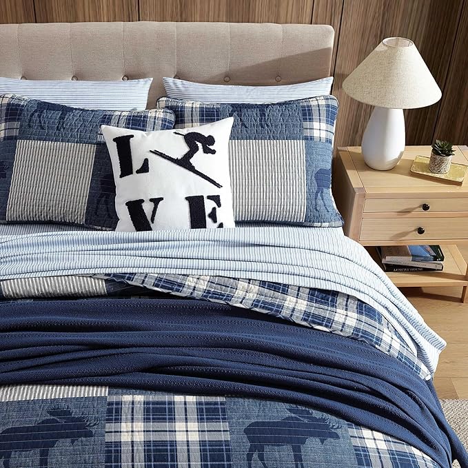 Eddie Bauer - Queen Quilt Set, Naturally Soft Cotton Bedding w/a Lightweight Feel for All-Year Comfort, Reversible w/Matching Pillowcases, 3 Piece Bed Set (Moose Plaid/Pinstripe/Patchwork Blue)