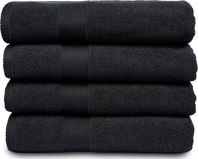 MAURA Premium Bath Towels 100% Cotton 27x54 Ultra Absorbent Quick Dry 4 Pack Soft Terry Bath Towels Set for Bathroom, Hotel and Spa Quality, Black