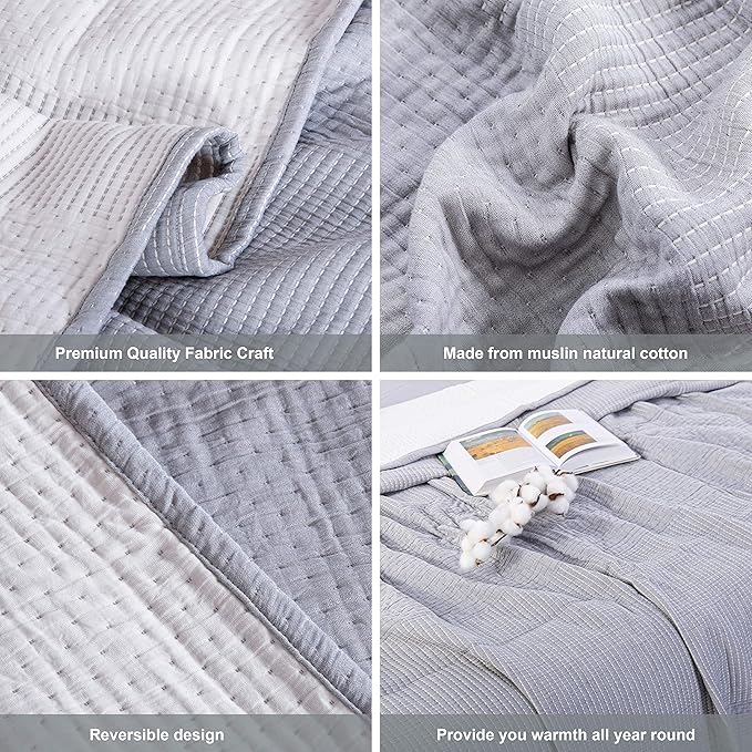 NTBAY 3 Layers Cotton Muslin 88x92 Queen Bed Blanket, Super Soft Breathable Thermal Yarn Dyed Quilt for Adults, Perfect Lightweight Blanket for Couch Sofa Bed All Seasons, Grey Dot