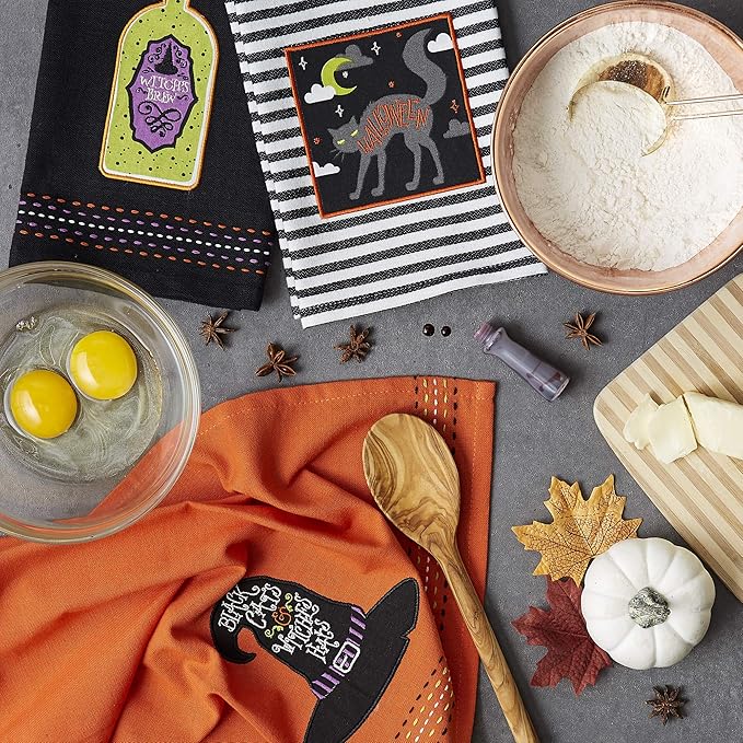 DII Happy Halloween Dishtowel Collection Embellished Cotton Kitchen Hand Towel Set, 18x28, Bewitched Potion, 3 Count
