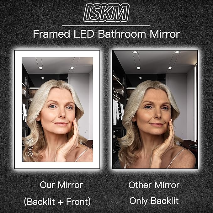 ISKM Framed LED Mirror for Bathroom 57"x36", Dimmable LED Bathroom Mirror with Lights, Anti-Fog, Front and Backlit Lighted Mirror 3-Colors, Shatterproof, Memory Function