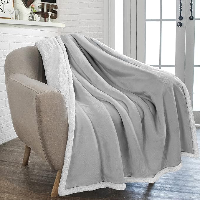 PAVILIA Sherpa Fleece Throw Blanket for Couch, Light Grey, Plush Soft Fuzzy Sofa Blanket, Cozy Reversible Winter Throw for Women Men, 50x60 Inches