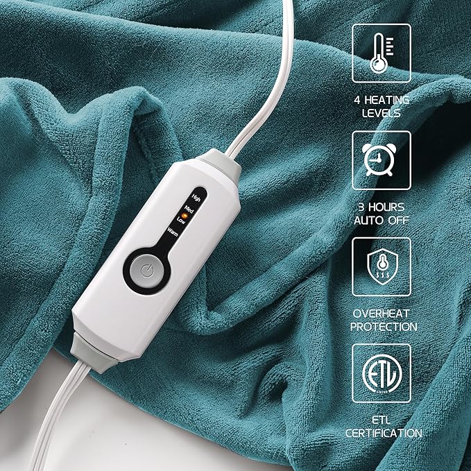 Heated Electric Blanket 72"x84" Full Size, Soft Coral Fleece Fast Heated Blanket with 4 Heating Levels and 10 Hours Auto-Off, Cozy Plush Fabric, Machine Washable - Home, Teal