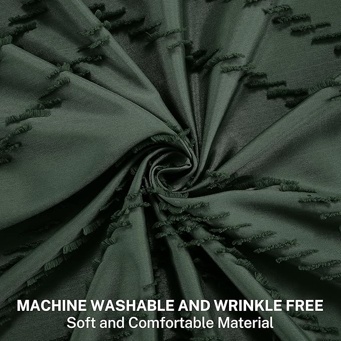 Boho Extra Long Dark Green Shower Curtain with Tassel, Woven Fabric Shower Curtain, Tufted Chevron Striped, 72 x 78, Modern Chic Textured Minimalist Bathroom Shower Curtains