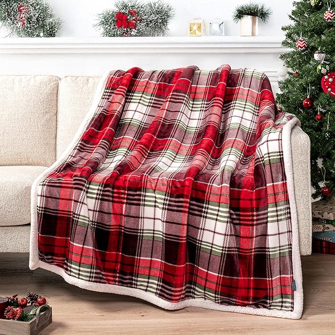 PAVILIA Christmas Plaid Blanket | Sherpa Fleece Flannel Throw Blanket | Christmas Plaid Warm Plush Microfiber Blanket for Couch Sofa | 50x60 Inches