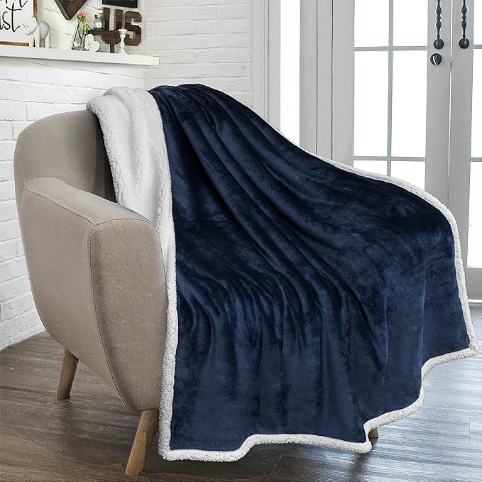 PAVILIA Sherpa Fleece Throw Blanket for Couch, Twin Size, Navy Blue, Plush Soft Fuzzy Sofa Blanket, Cozy Reversible Winter Throw for Women Men, 60x80 Inches