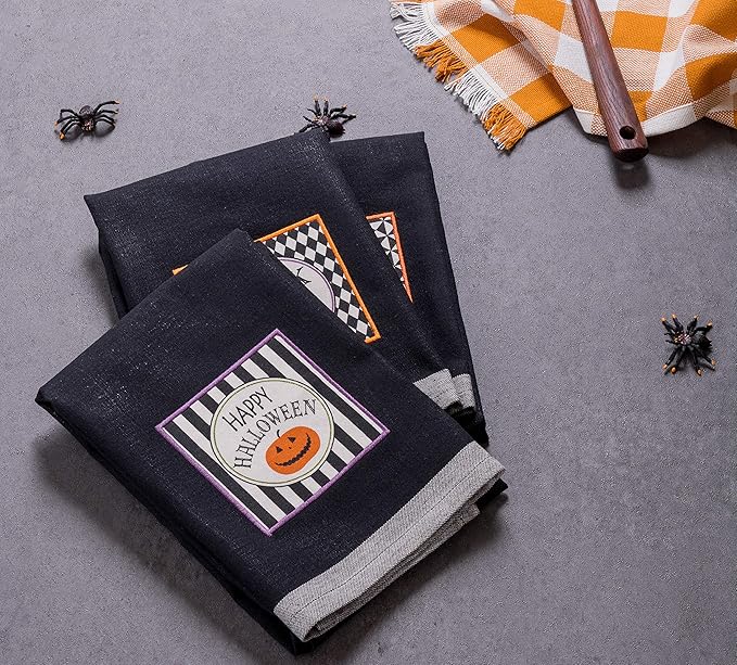 DII Happy Halloween Dishtowel Collection Embellished Cotton Kitchen Hand Towel Set, 18x28, Black All Hallows Eve, 3 Count