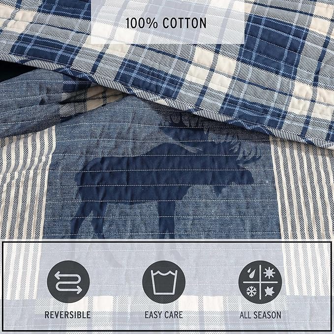 Eddie Bauer - Queen Quilt Set, Naturally Soft Cotton Bedding w/a Lightweight Feel for All-Year Comfort, Reversible w/Matching Pillowcases, 3 Piece Bed Set (Moose Plaid/Pinstripe/Patchwork Blue)